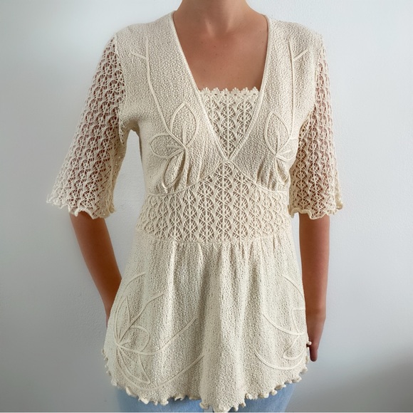 Vintage look boho cream blouse wandering sage large eco friendly clothing top - Picture 1 of 6